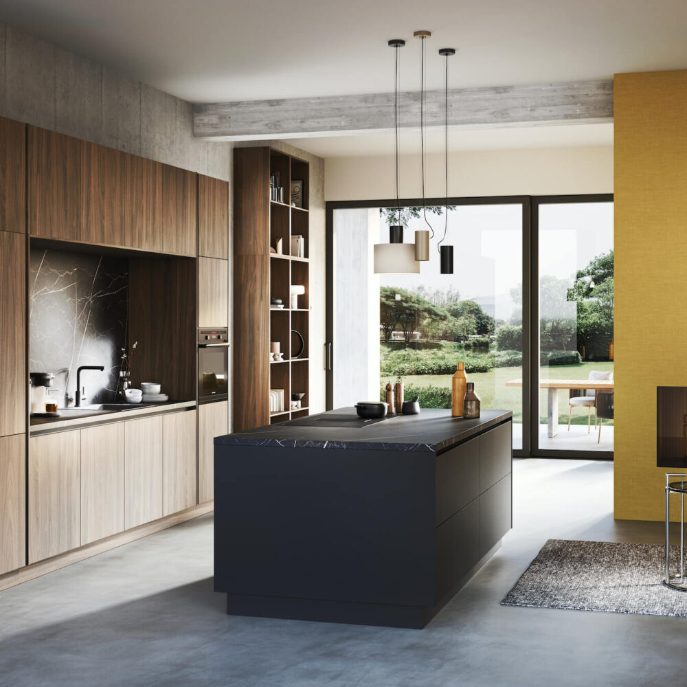 Häcker Design Inselküche Walnuss schwarz