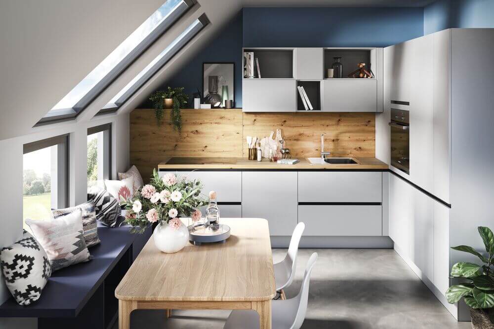 Häcker Moderne L-Küche in Perlgrau Matt