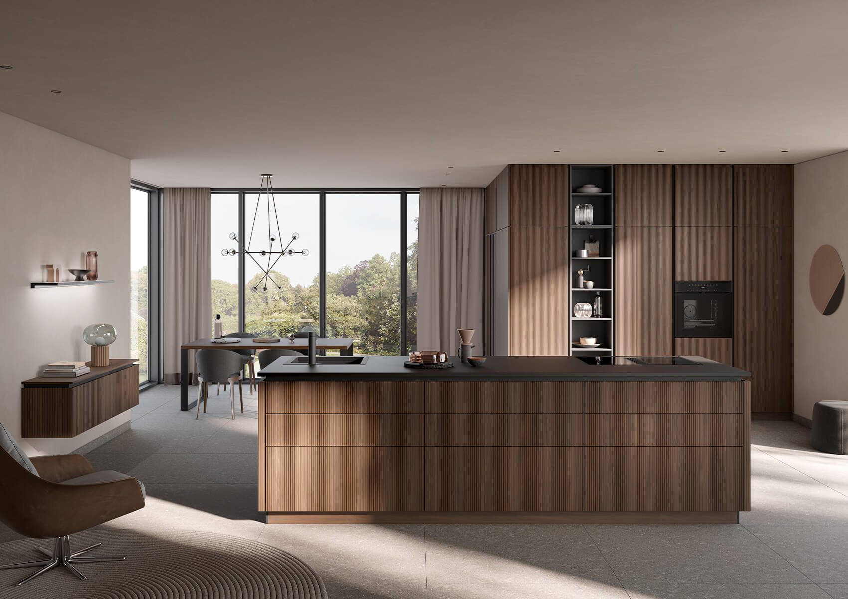 Häcker Nussbaum Design Inselküche mit geriffelten Fronten