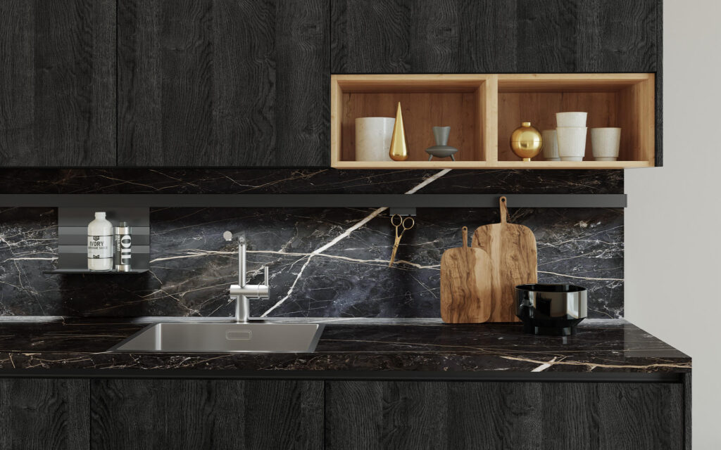 Häcker Toronto Eiche Fronten mit Naturstein Arbeitsplatte