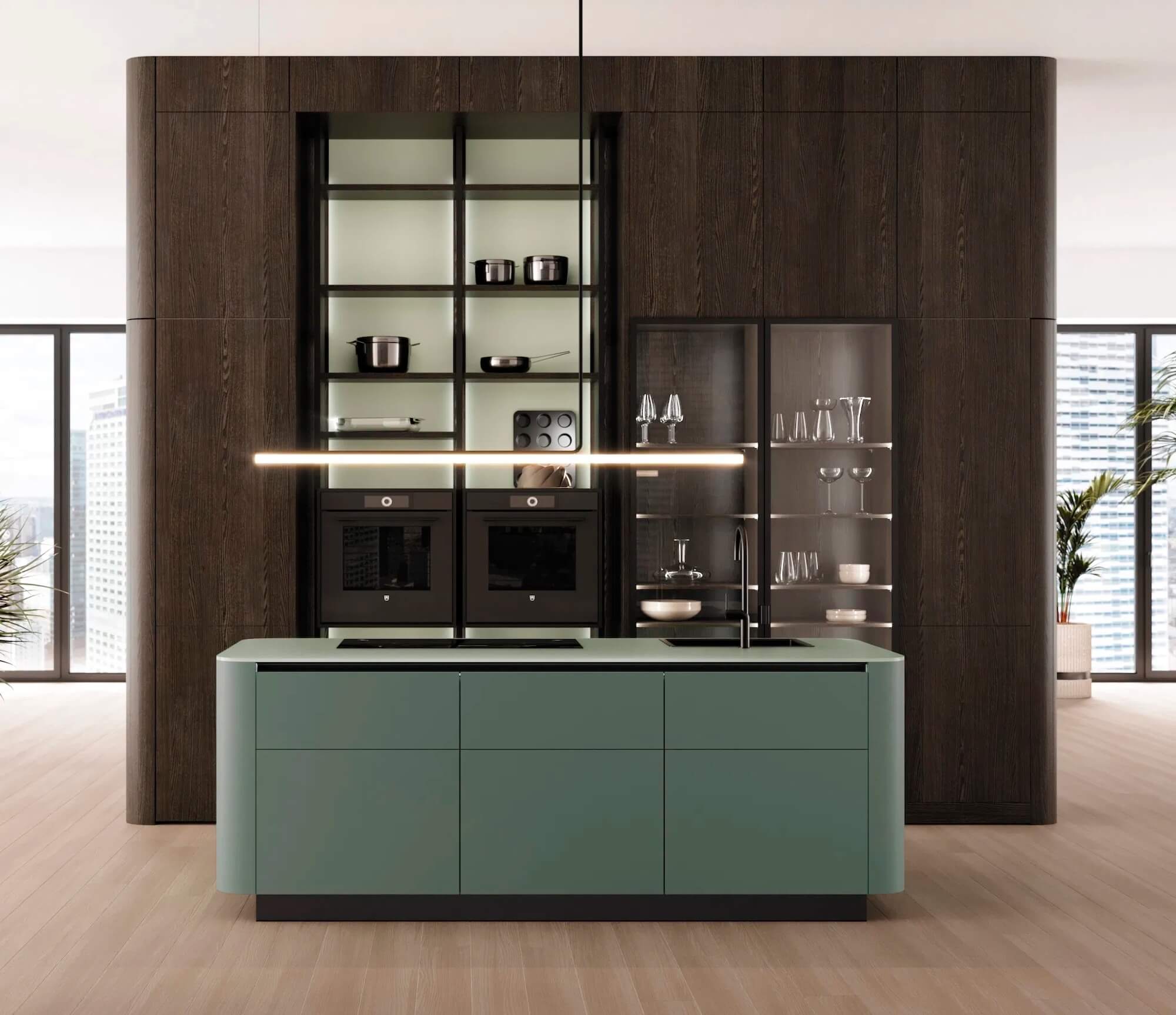 Leicht Design Inselküche Echtholz türkis