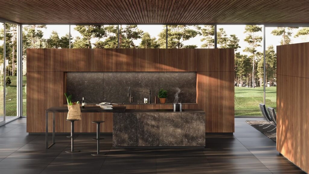 Leicht Design Inselküche mit Keramikrückwand Keramik in der Küche