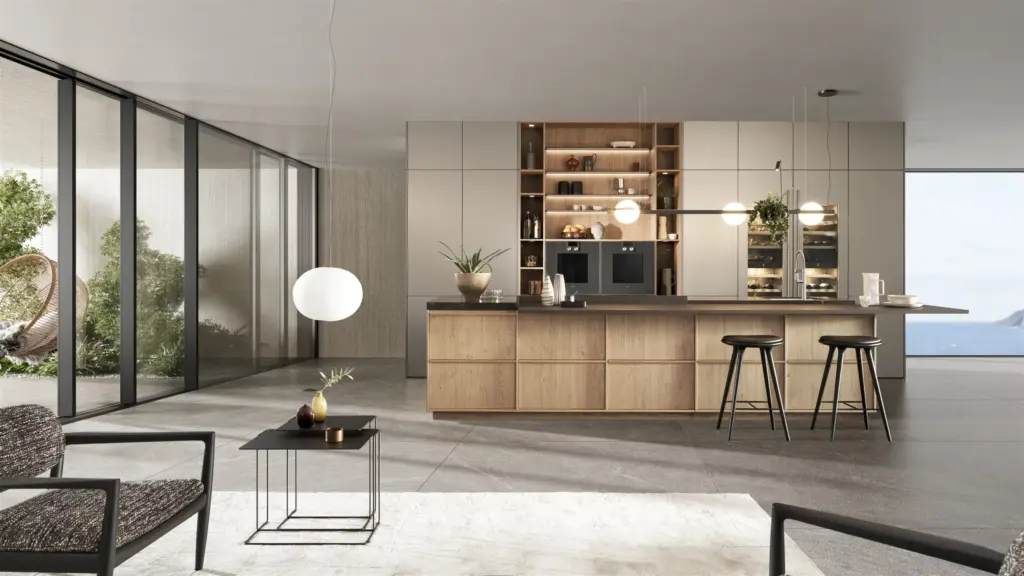 Leicht Designküche Kyoto mit Kücheninsel Echtholz grifflos metallic