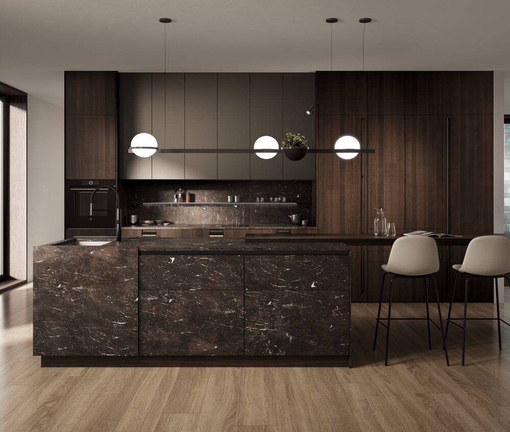 Leicht Design Inselküche Kastanie mit Natursteininsel und Holzfronten