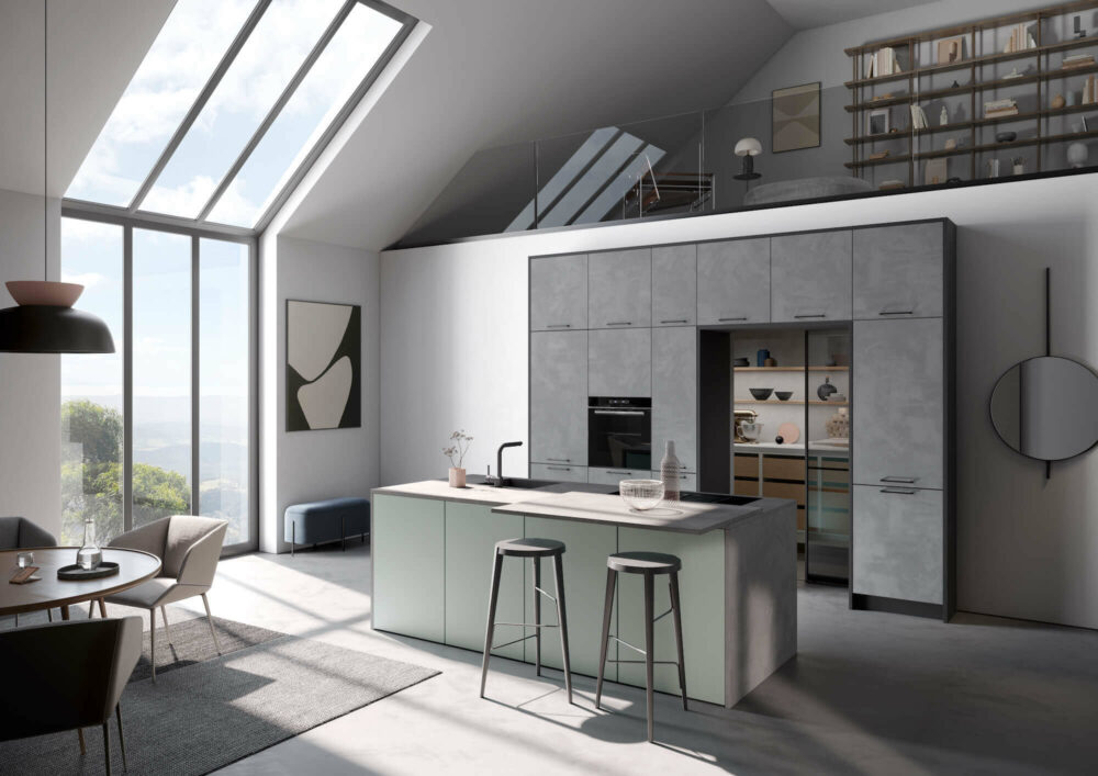 Häcker Design Inselküche Eukalyptus Spachtelbeton
