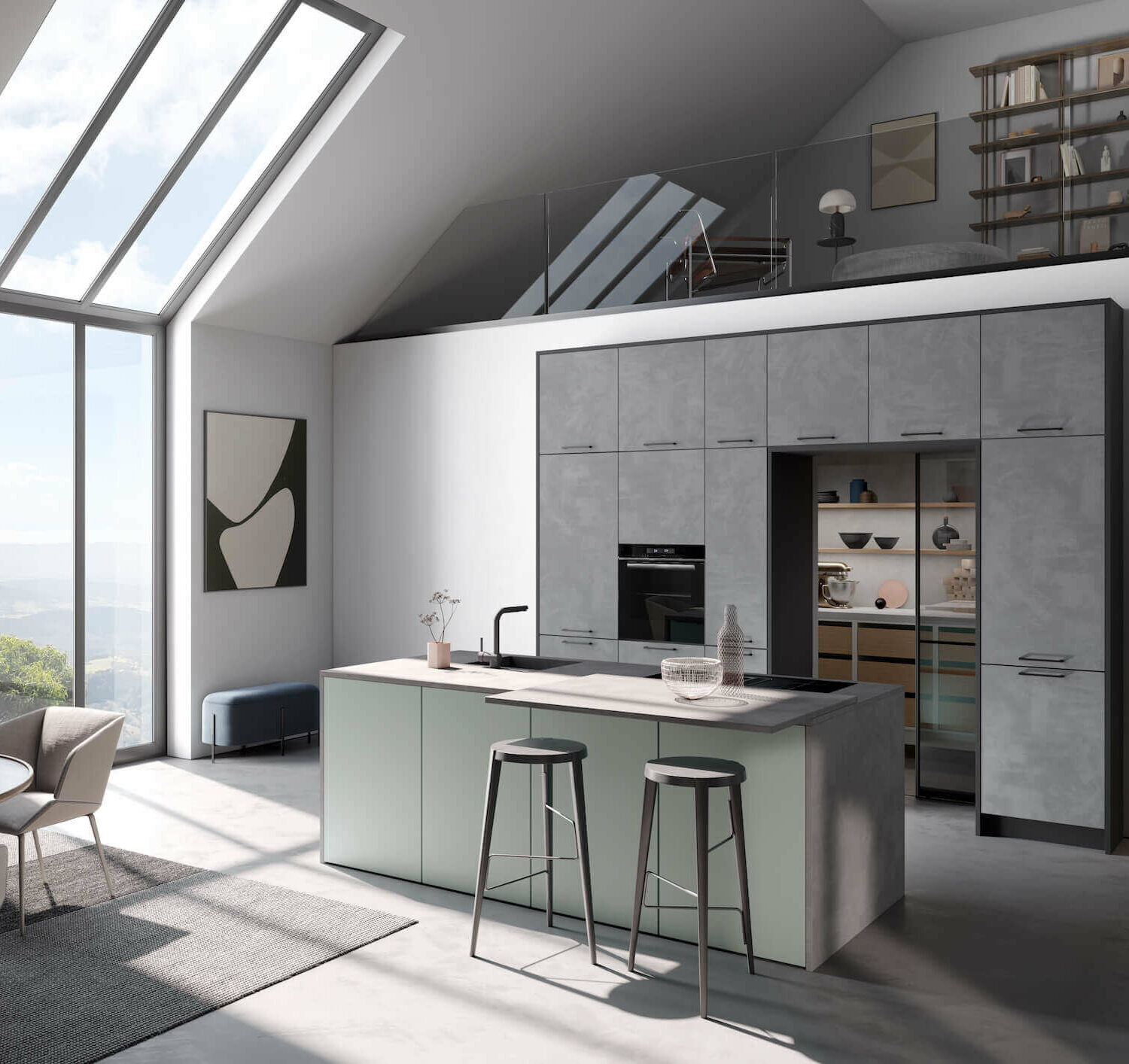 Häcker Design Inselküche Eukalyptus Spachtelbeton
