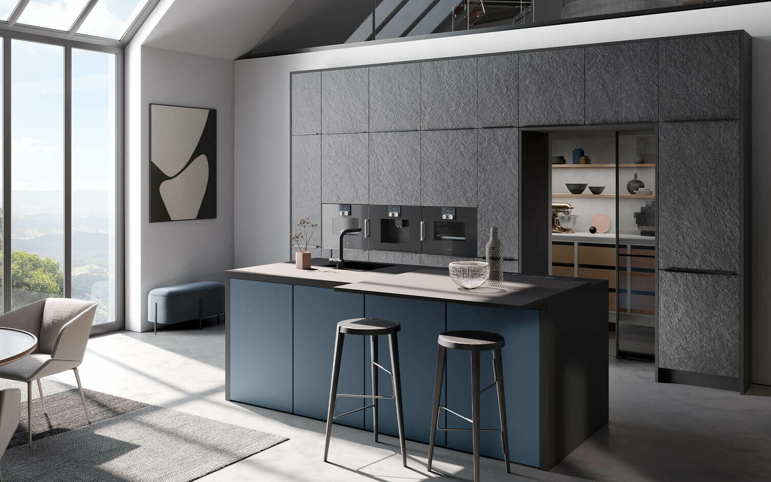 Häcker Design Inselküche blau Schiefer Hochschrank