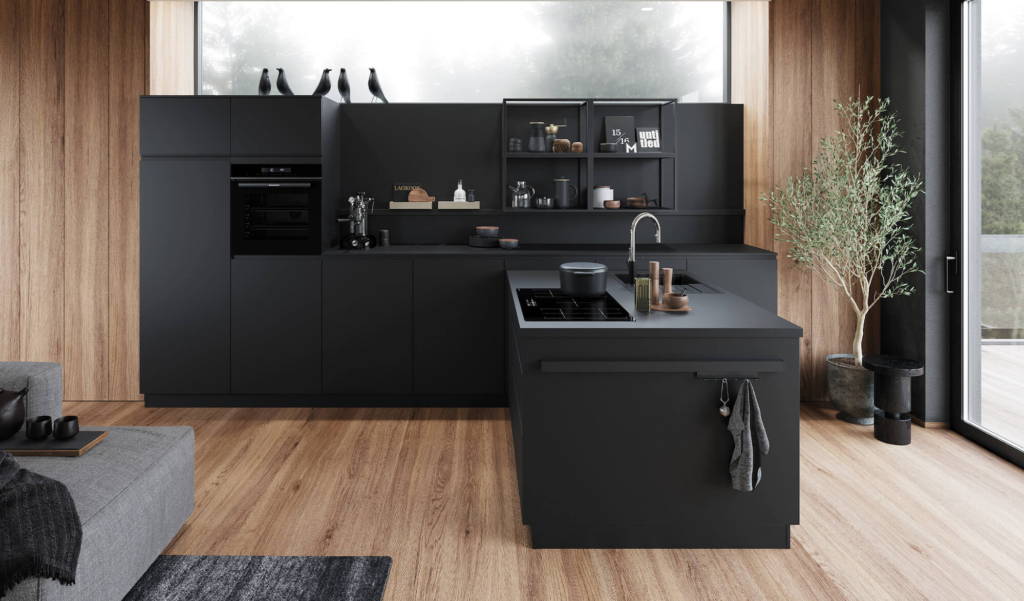 Häcker Design Küchenzeile mit Halbinsel schwarz matt