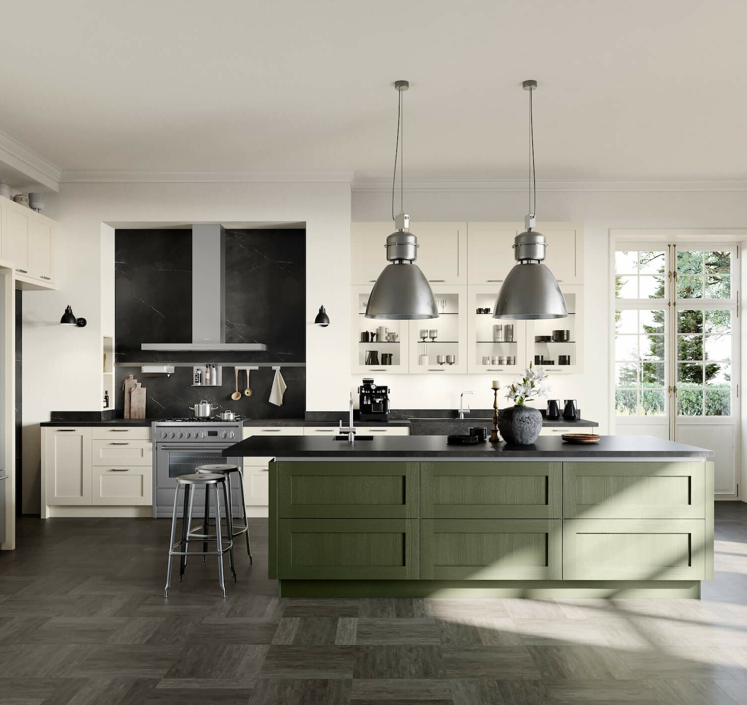 Häcker Design Landhausküche mit Kücheninsel grün