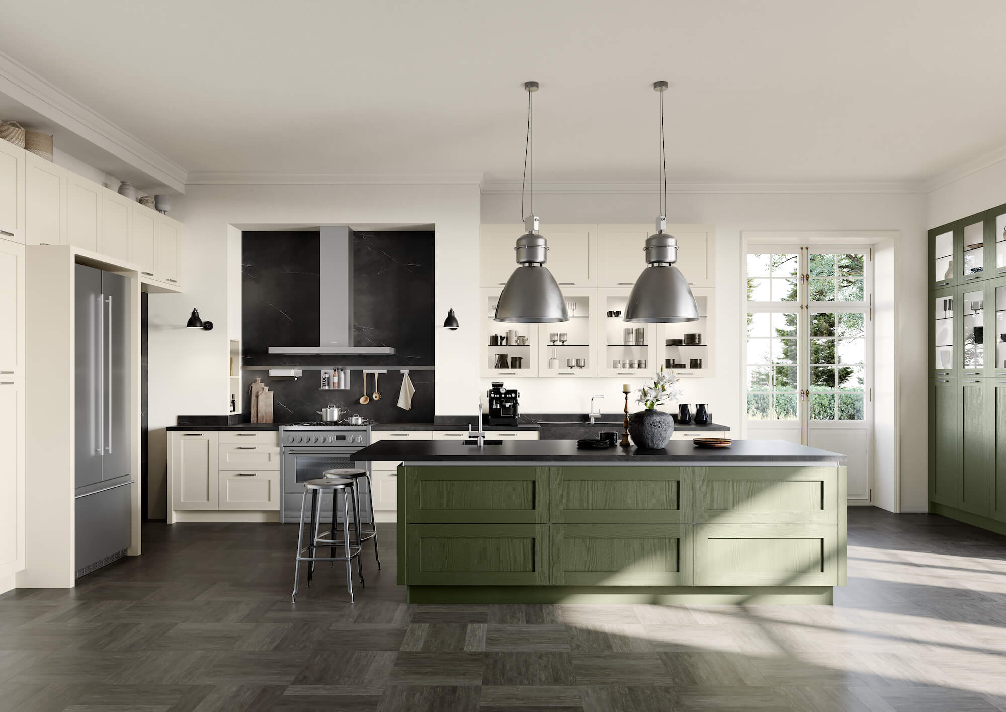 Häcker Design Landhausküche mit Kücheninsel grün