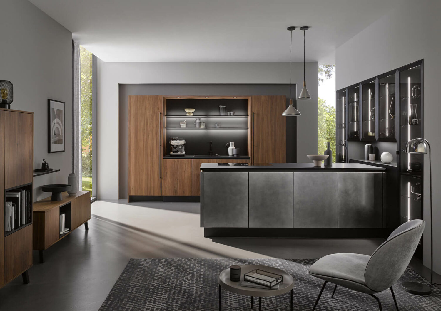 Häcker Nussbaum Designküche Industriestahl grifflos