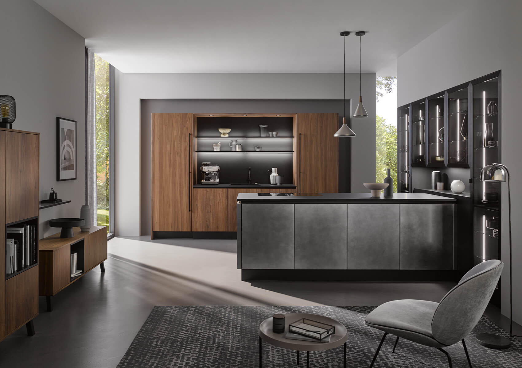 Häcker Nussbaum Designküche Industriestahl grifflos