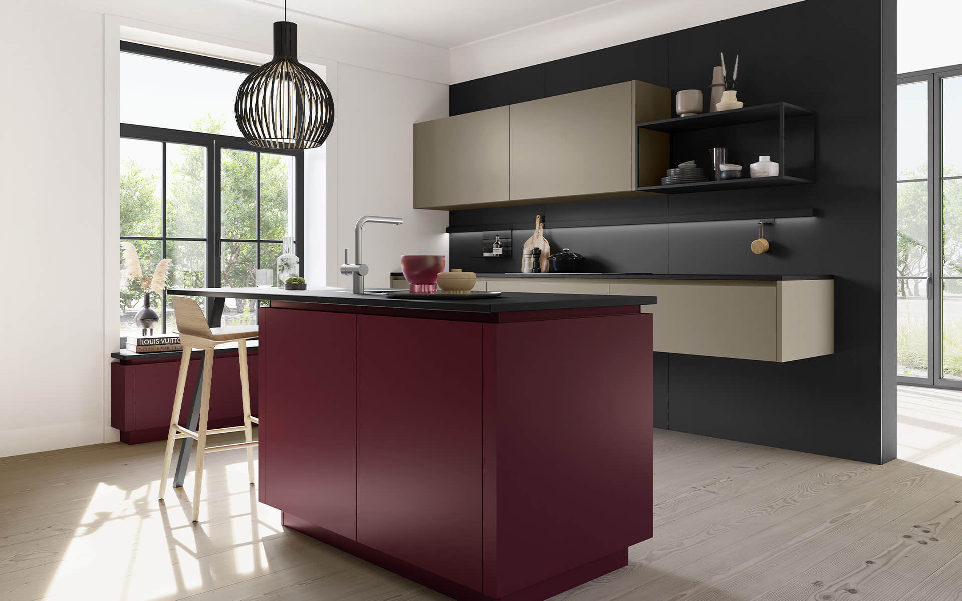 Häcker Porto Design Inselküche burgund grifflos