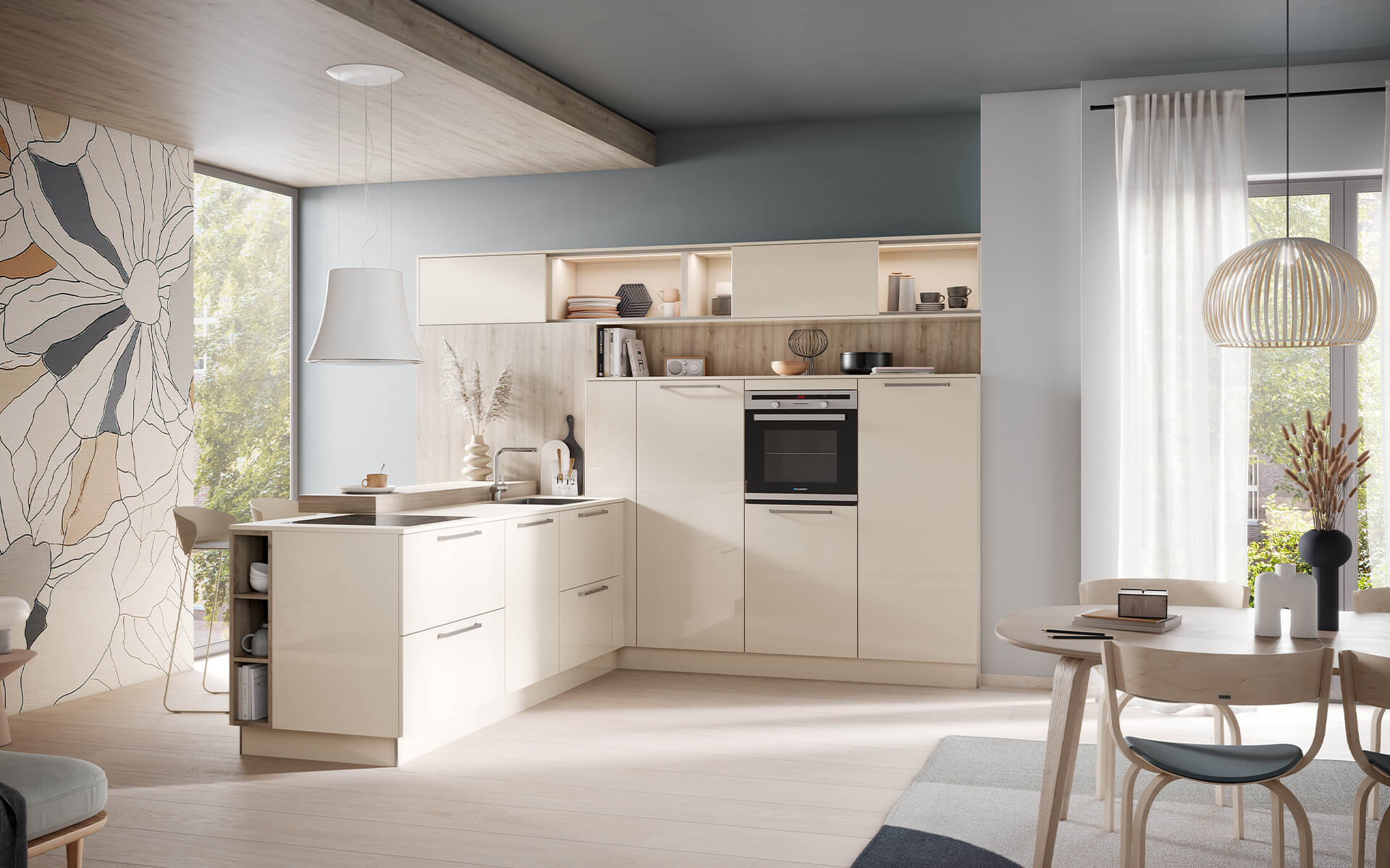 Häcker moderne L-Küche brillant crema Lack hochglanz