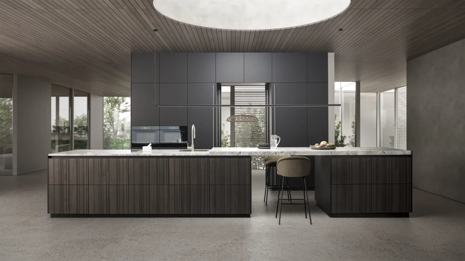 Leicht Bahia Design Inselküche Echtholz geriffelte Küchenfronten