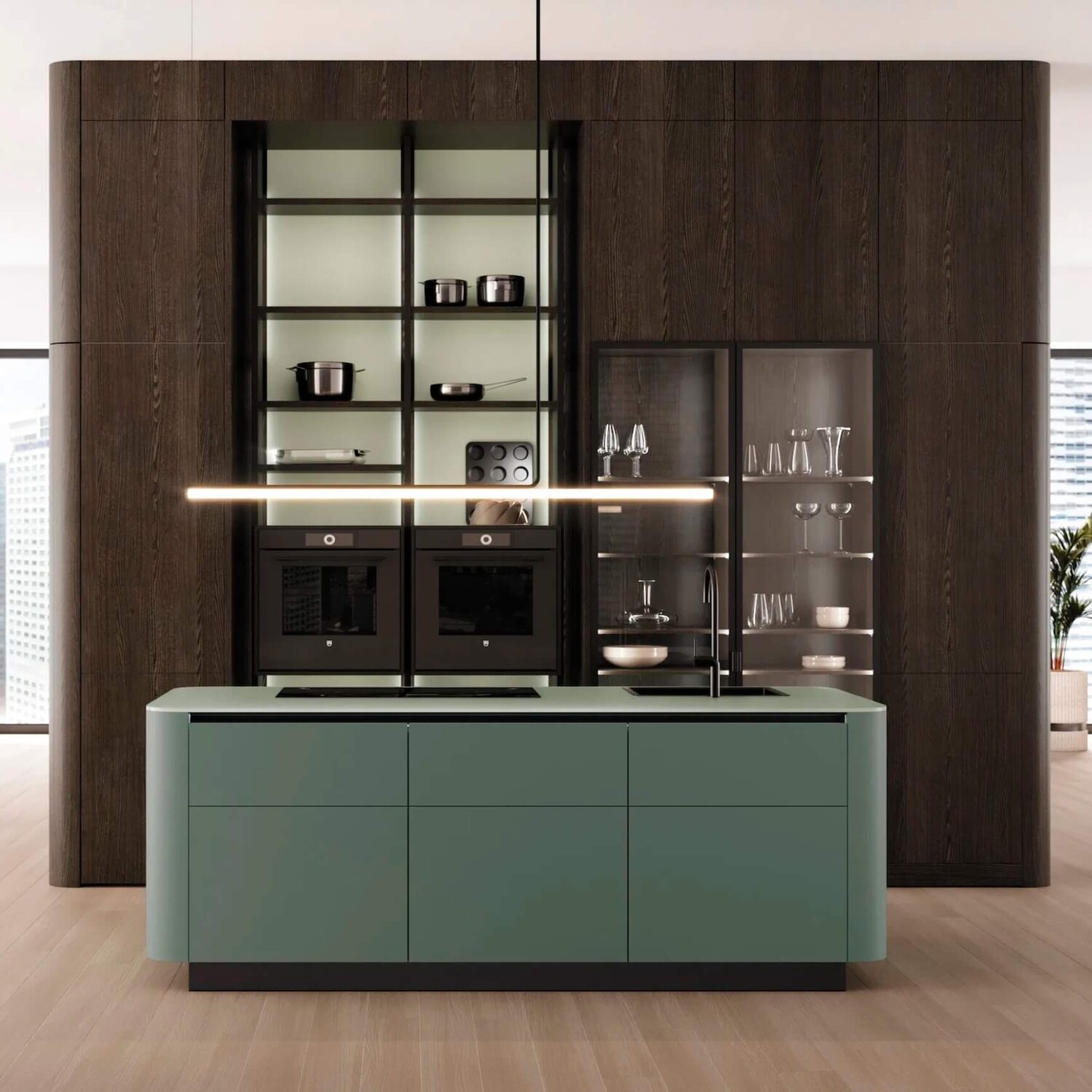 Leicht Design Inselküche Echtholz türkis
