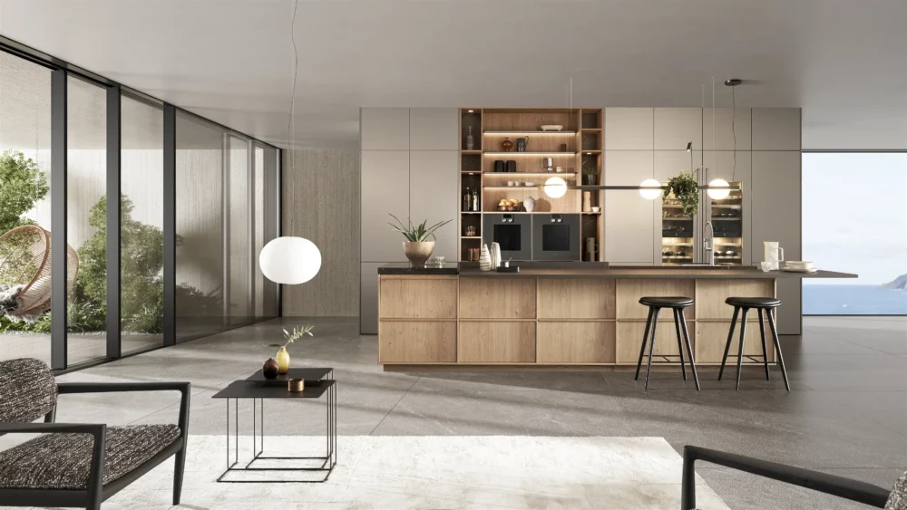 Leicht Designküche Kyoto mit Kücheninsel Echtholz grifflos metallic