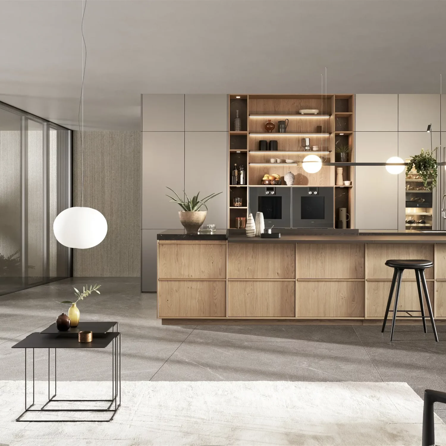 Leicht Designküche Kyoto mit Kücheninsel Echtholz grifflos metallic
