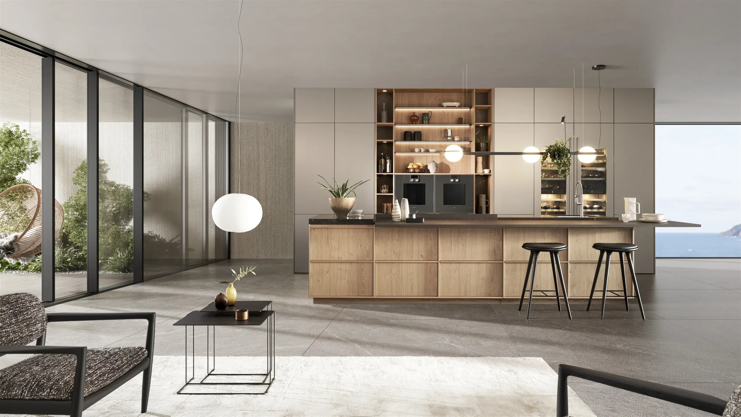 Leicht Designküche Kyoto mit Kücheninsel Echtholz grifflos metallic