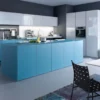 Leicht Designküche grifflos mit Insel Glasfront Blau