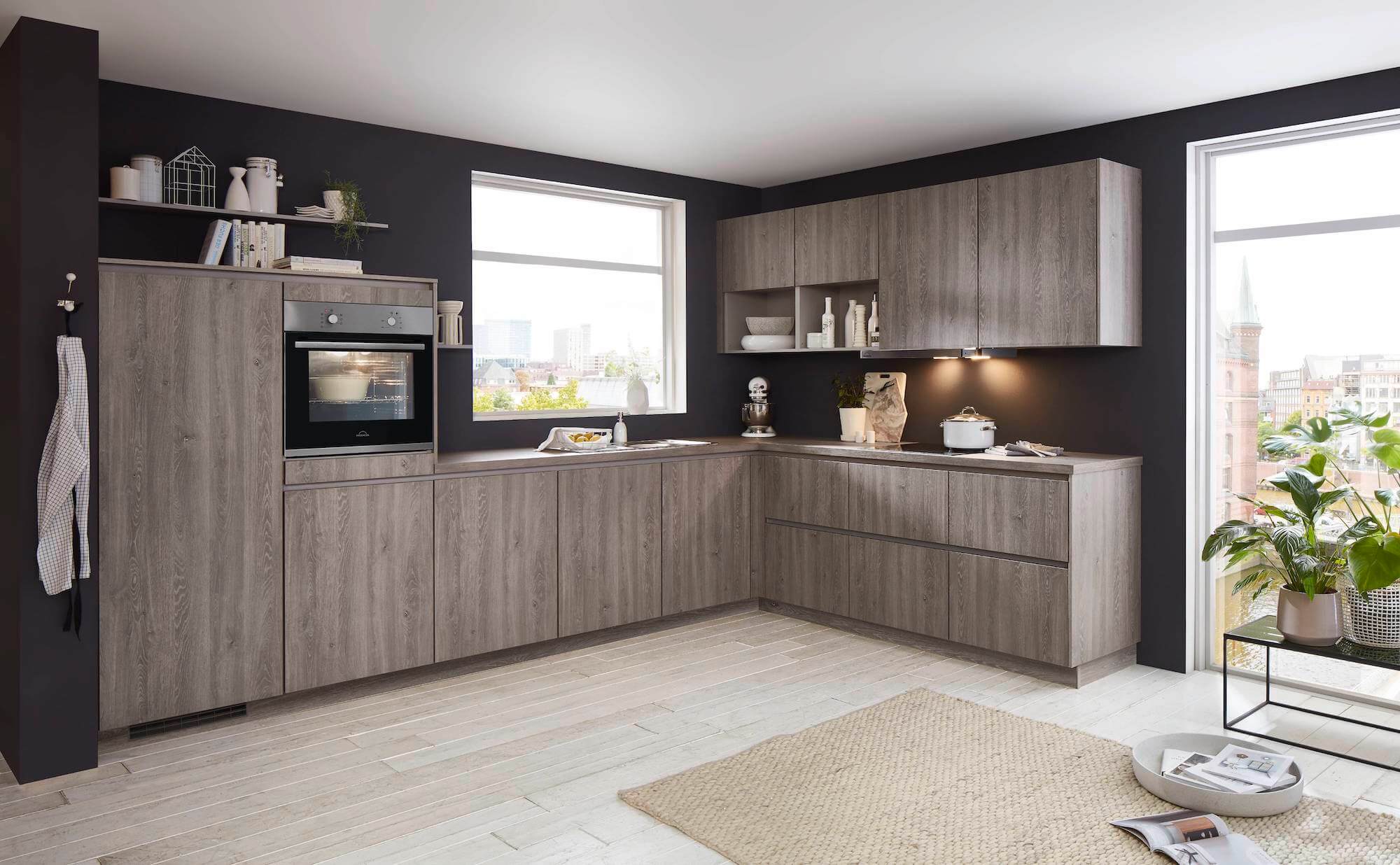 Nobilia Design L-Küche echtholz braun grifflos