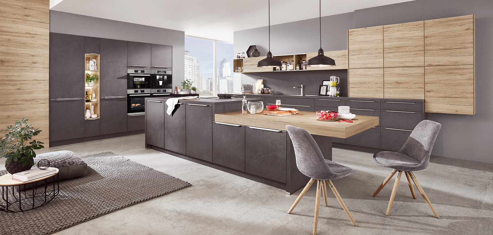 Nobilia moderne Inselküche mit Schichtstoff-Arbeitsplatte